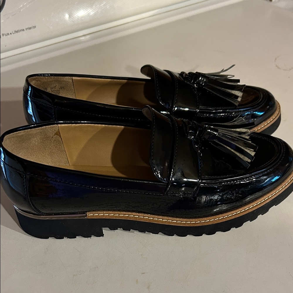 Franco Sarto Glossy Black Tassel Loafers